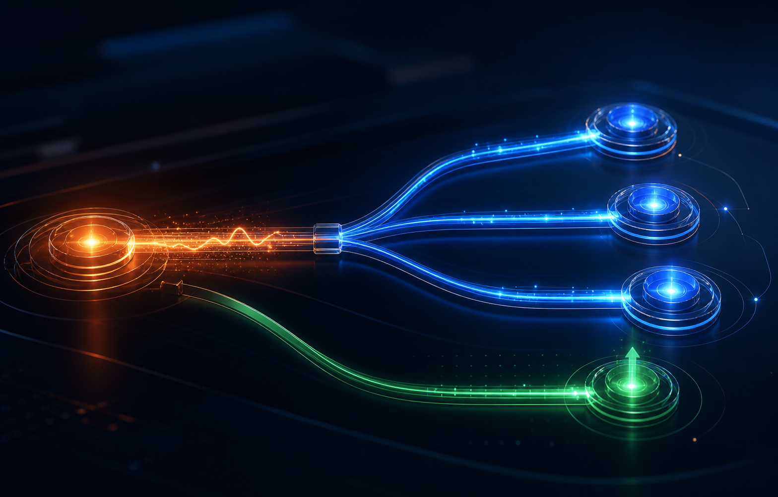 An alert signal branching into coordinated response paths and a recovery signal