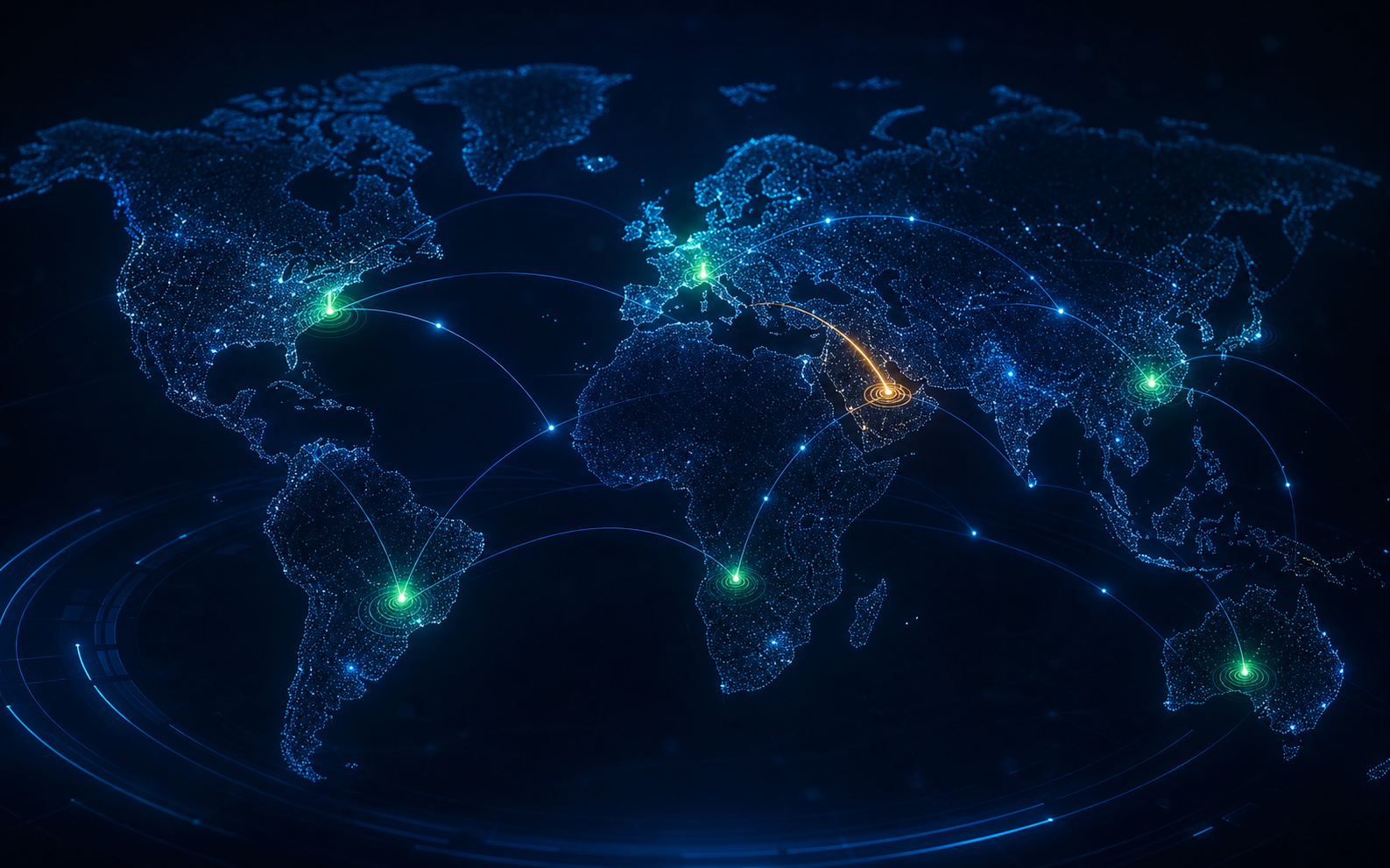 A global network map with monitoring beacons and regional connections