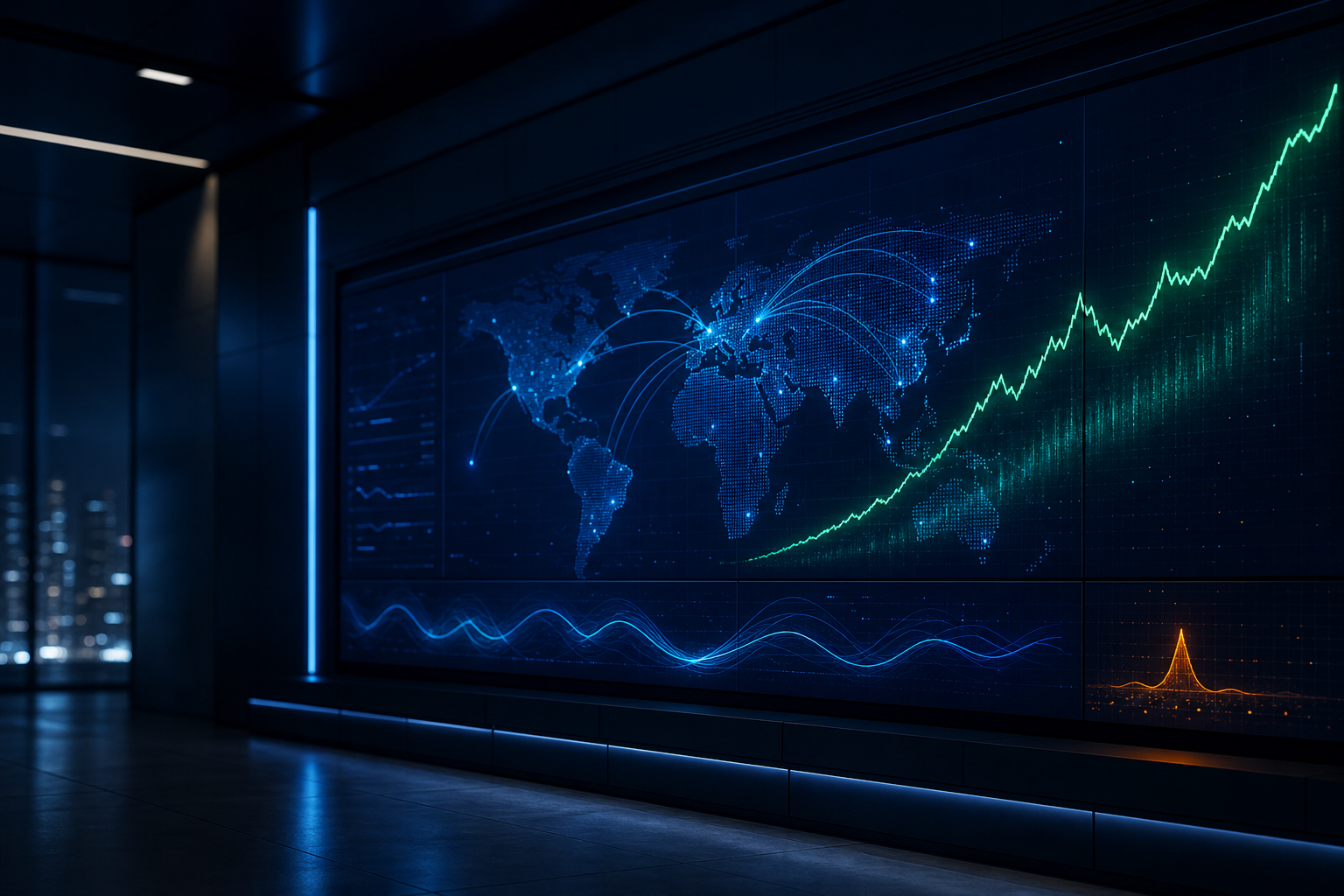 A glowing monitoring operations display with a world map, system signals, and incident pulse